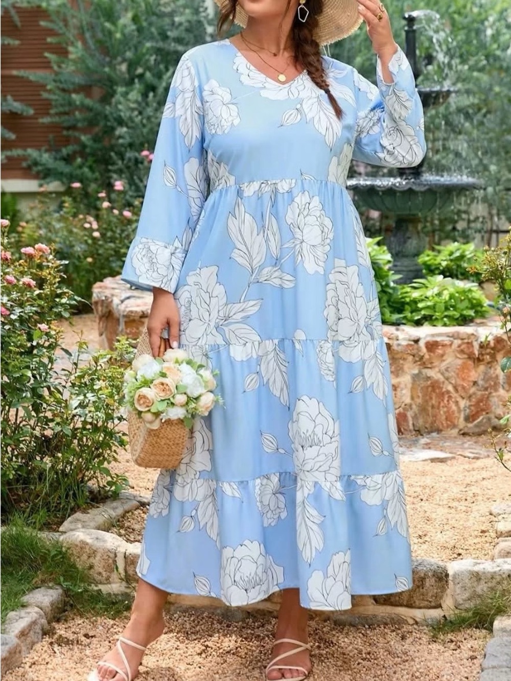 Sky Blue Floral Maxi Dress with Tiered Skirt